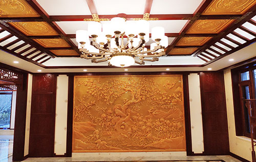 潭门镇中式别墅客厅中式木作横梁吊顶装饰展示